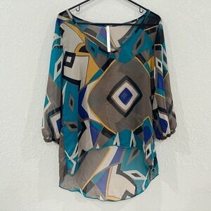 Renee C Womens L Geometric Sheer High Low Tunic Blouse Teal Gray Made in USA